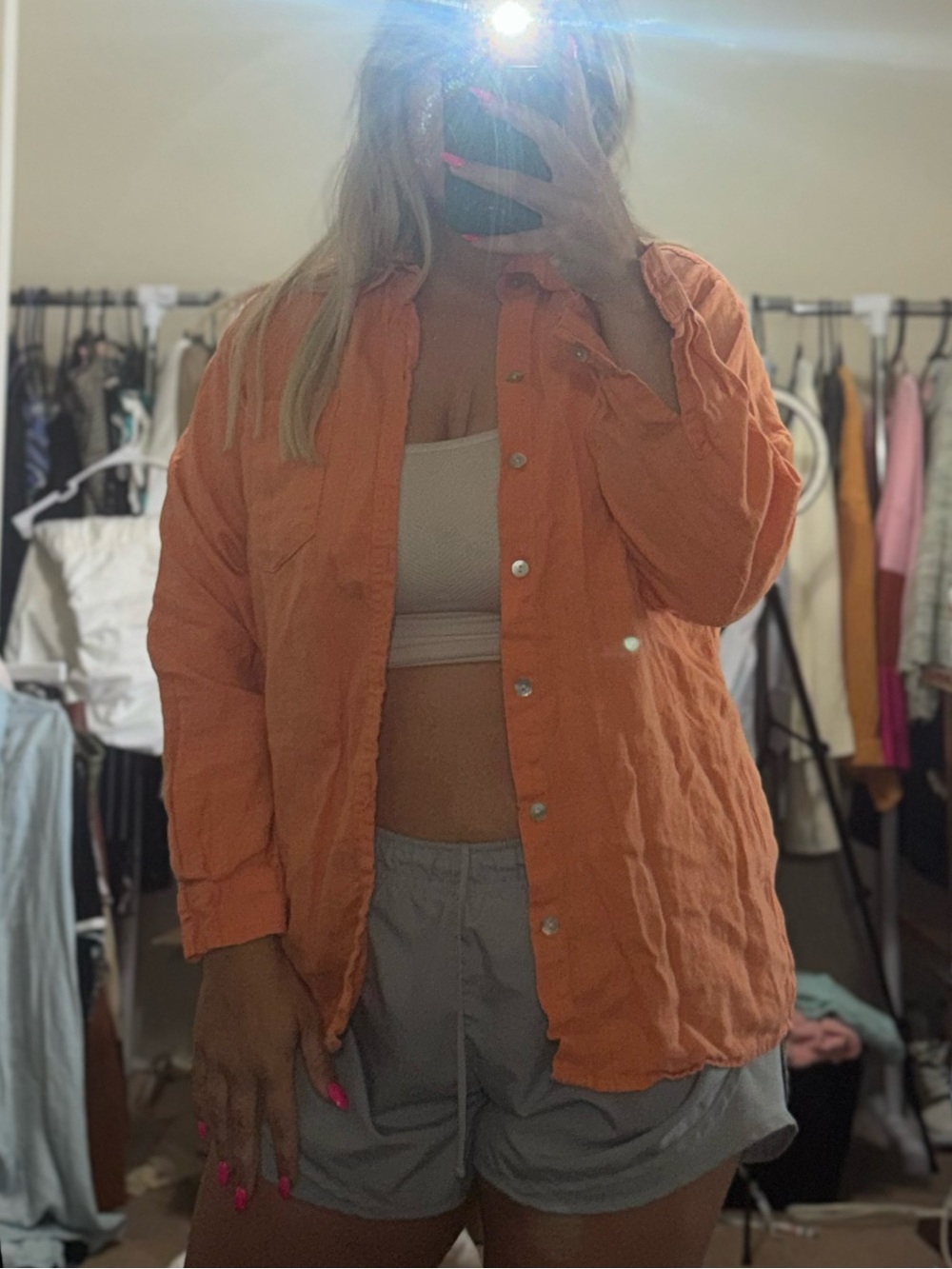 Casual Orange Button-Up Linen Shirt